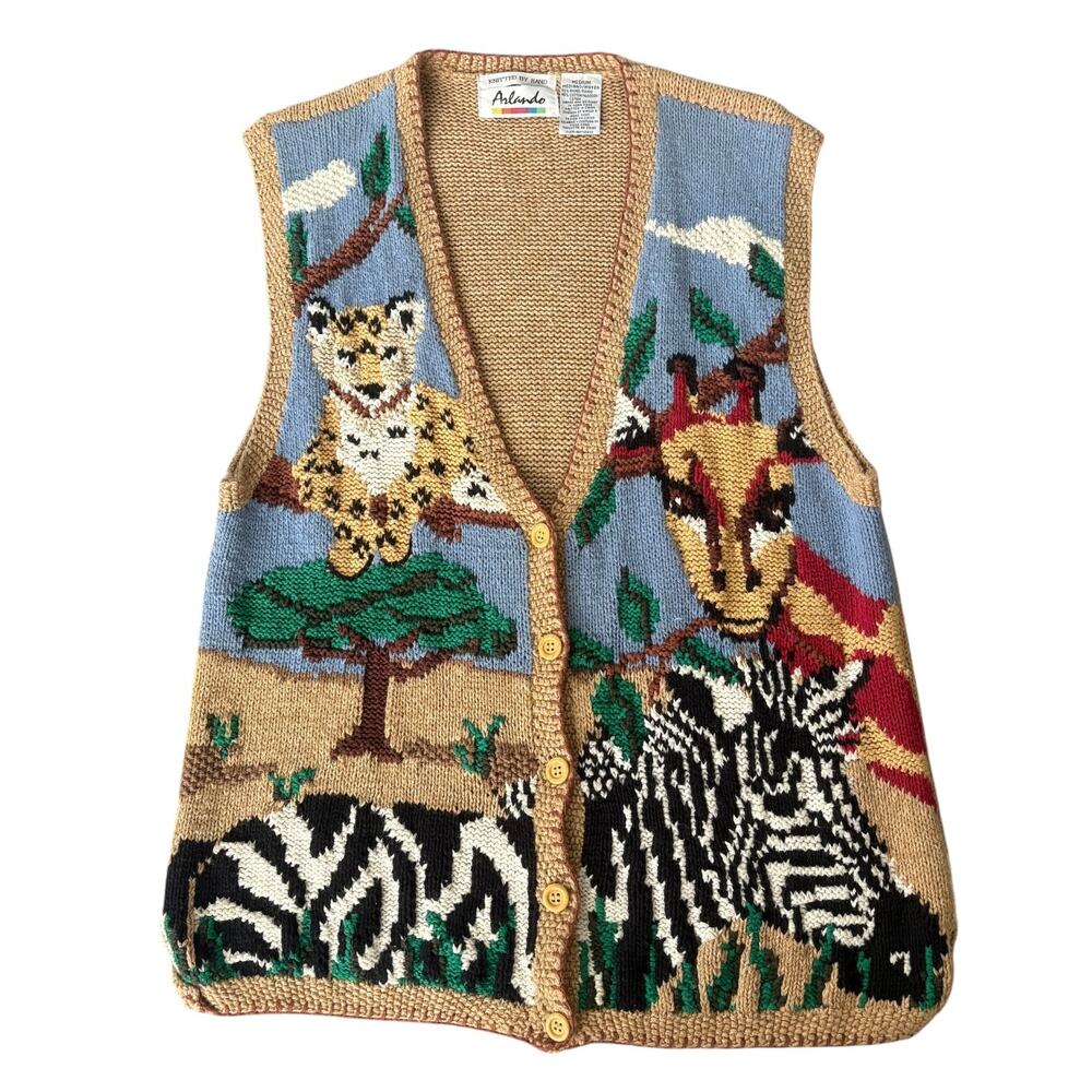 Vintage Hand Knit Safari Animal Vest Novelty Granny Art Teacher Beige M